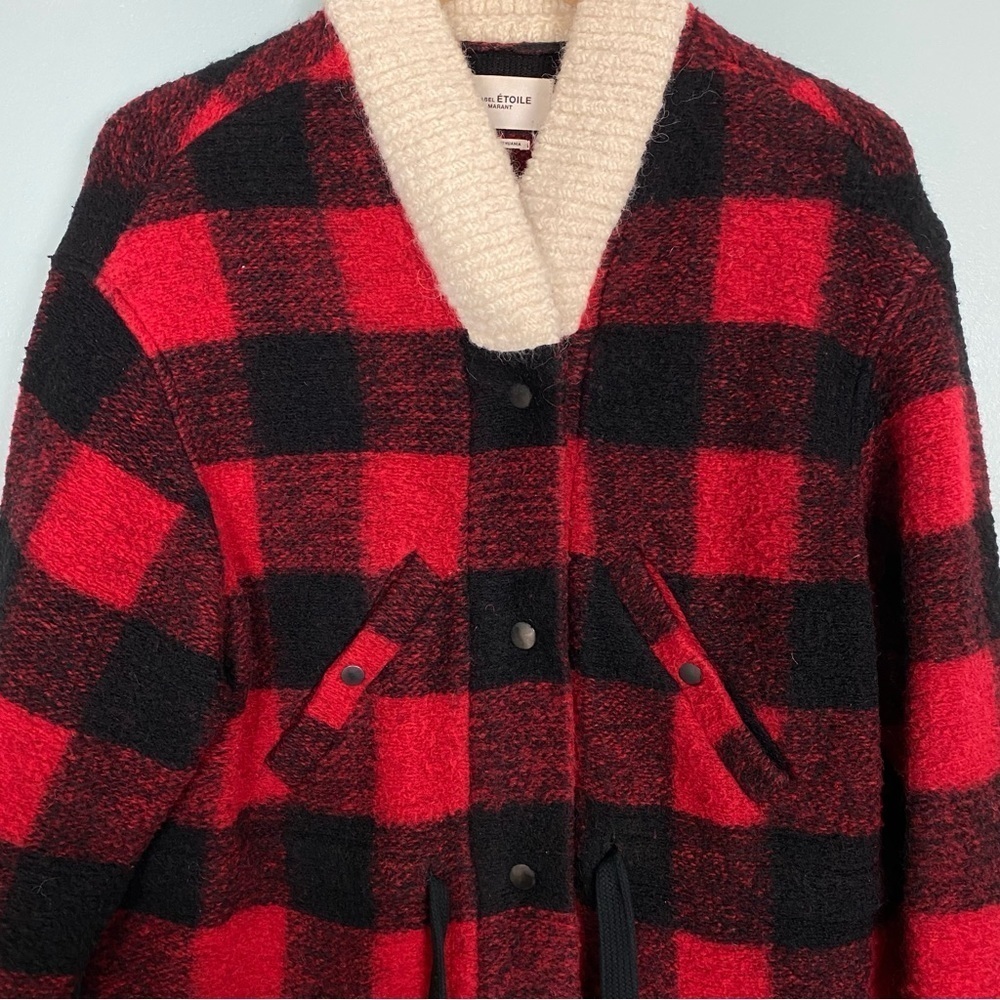 Isabel Marant Buffalo Plaid Red Black Checkered Wool Long Coat Collar Sz 42 - Picture 4 of 15